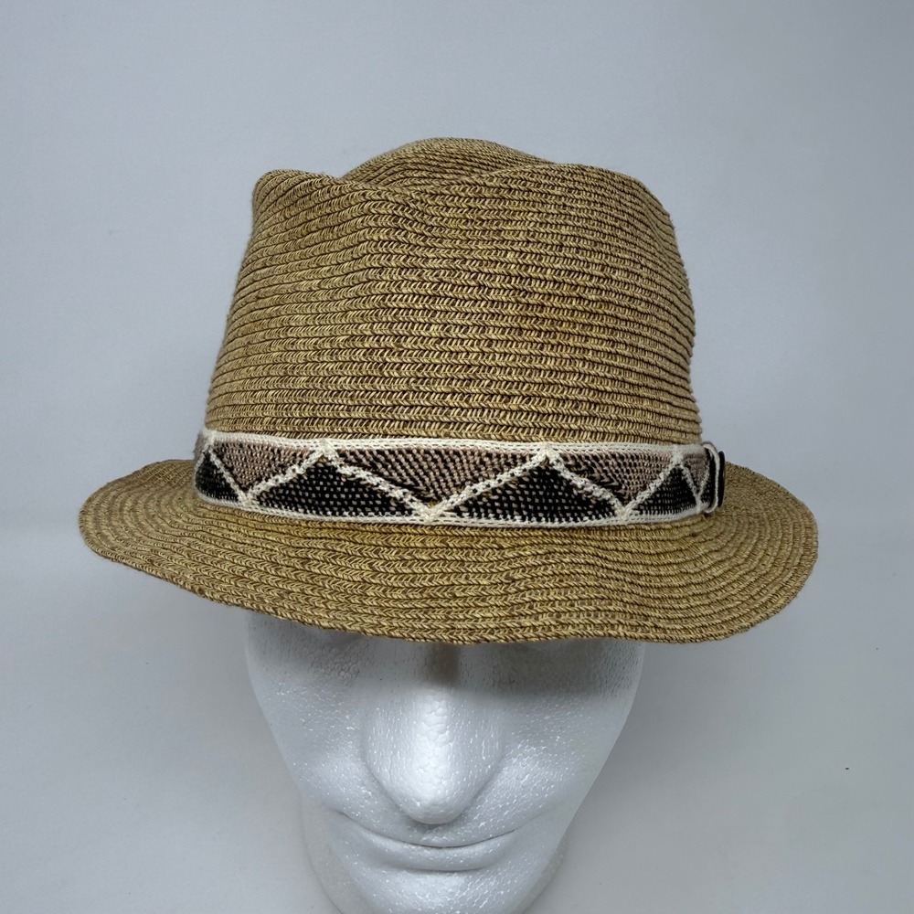 Goorin Bros Tan Straw Fedora Hat Medium Geometric Band Logo Pin San Francisco